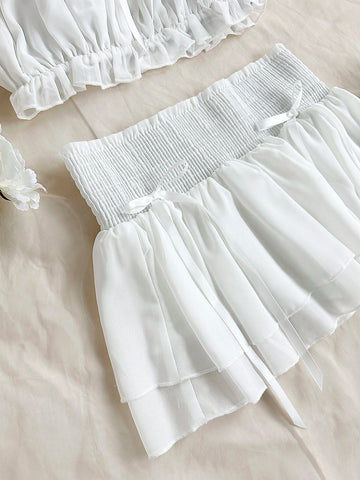 Women's Frill Trim Cropped Top And Skirt Solid Color Two Piece Set