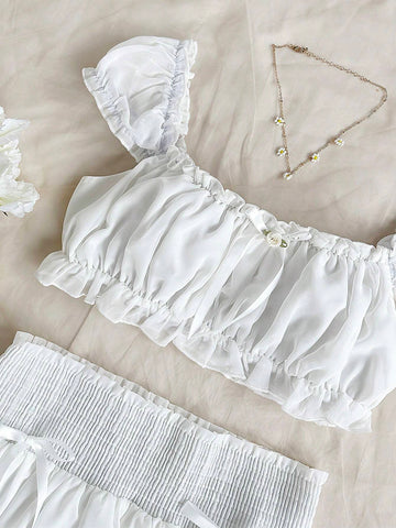 Women's Frill Trim Cropped Top And Skirt Solid Color Two Piece Set