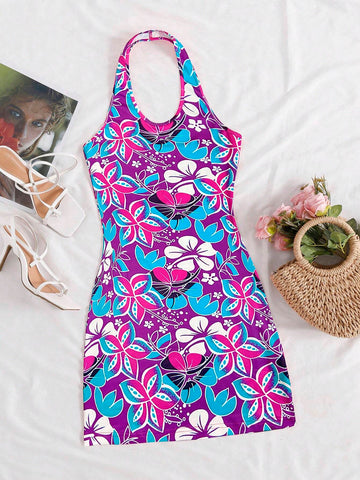 Women's Halter Neck Sleeveless Plant Print Round Neck Maxi Dress