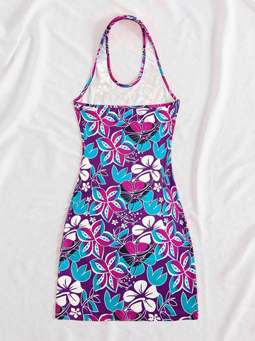 Women's Halter Neck Sleeveless Plant Print Round Neck Maxi Dress
