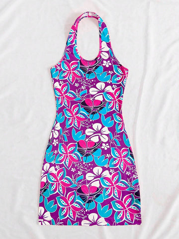 Women's Halter Neck Sleeveless Plant Print Round Neck Maxi Dress