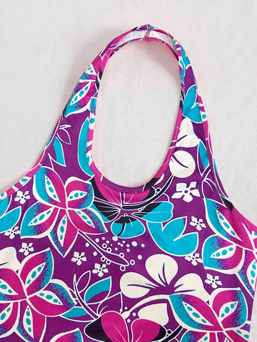 Women's Halter Neck Sleeveless Plant Print Round Neck Maxi Dress