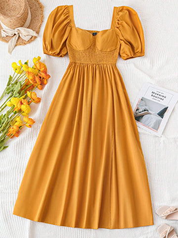 Women's Holiday Puff Sleeve Dress With Cinched Waist, A-Line Skirt And Split Hem