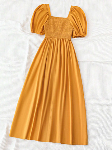 Women's Holiday Puff Sleeve Dress With Cinched Waist, A-Line Skirt And Split Hem