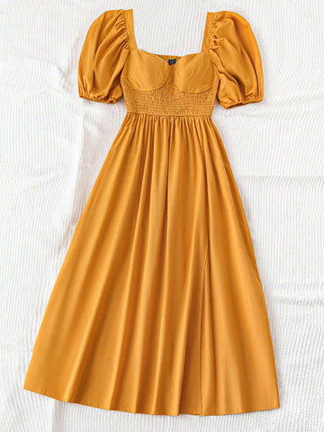 Women's Holiday Puff Sleeve Dress With Cinched Waist, A-Line Skirt And Split Hem