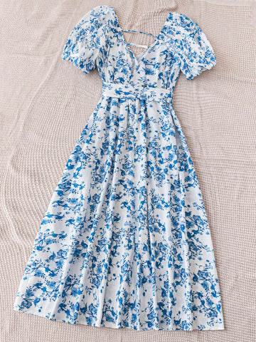 Women's Holiday V-Neck Puff Sleeve Blue & White Printed Dress With Cinched Waist