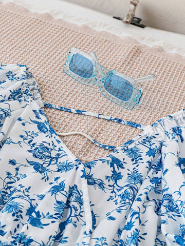 Women's Holiday V-Neck Puff Sleeve Blue & White Printed Dress With Cinched Waist