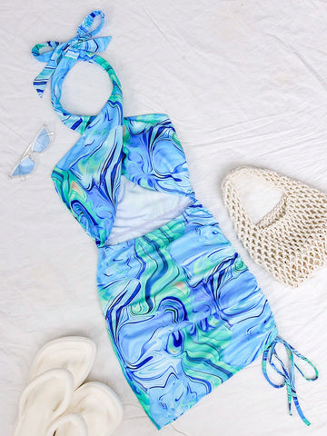 Women's Marble Printed Hollow Out Side Drawstring Slim Fit Halter Neck Dress