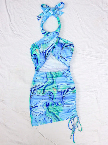 Women's Marble Printed Hollow Out Side Drawstring Slim Fit Halter Neck Dress
