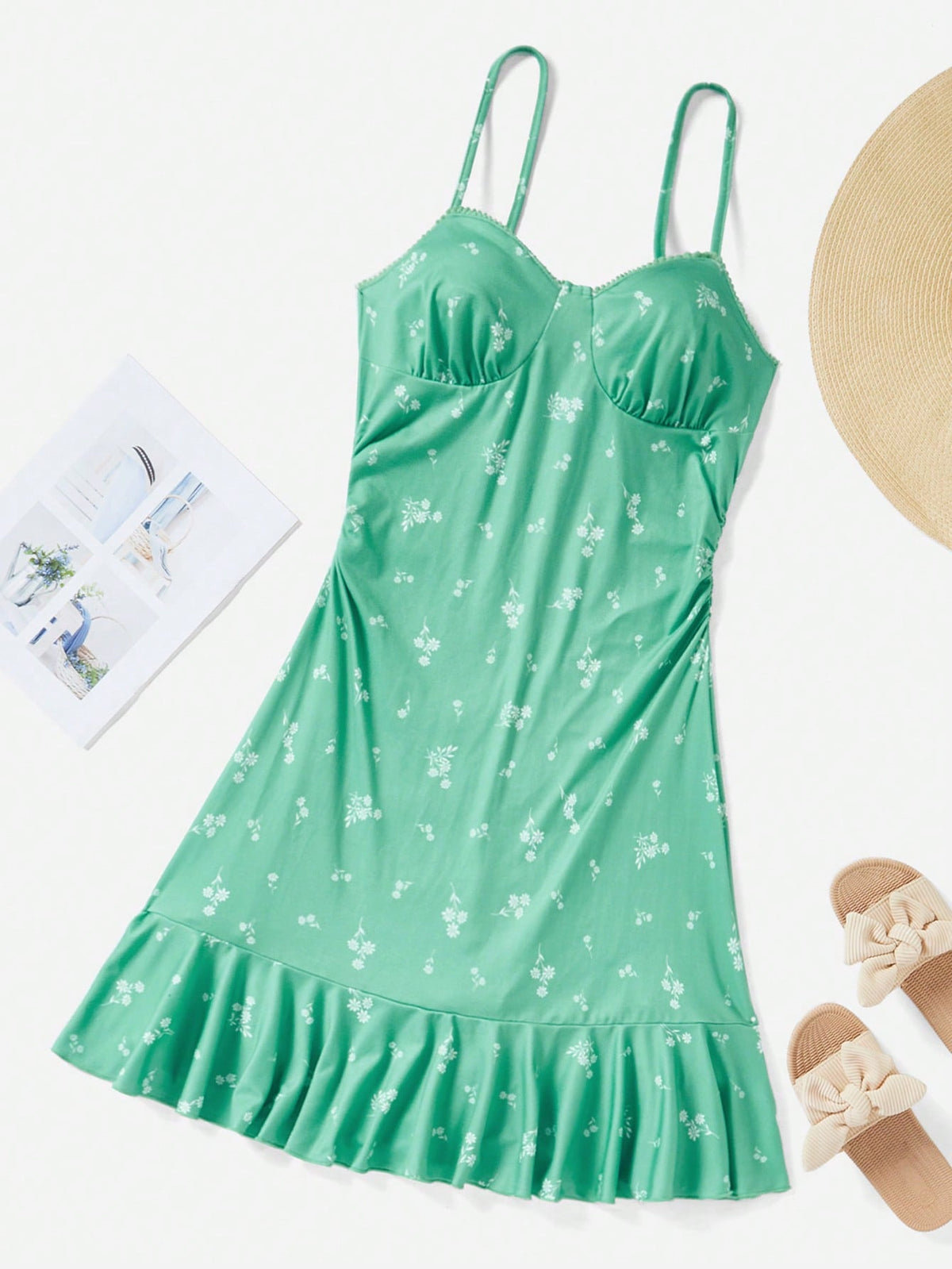 Women's Mini Floral Print Ruffle Hem Spaghetti Strap Dress