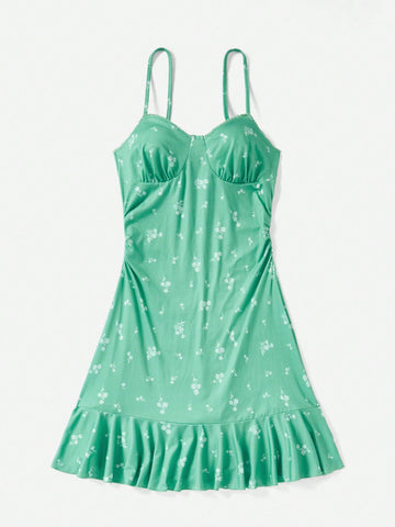 Women's Mini Floral Print Ruffle Hem Spaghetti Strap Dress