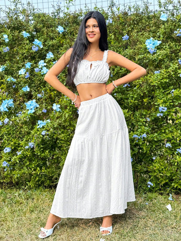 Women's Mushroom Edge Short Cut Camisole Top And Ruffle Hem Skirt Set