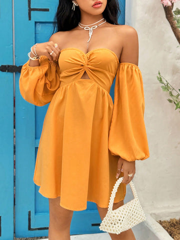 Women's Off Shoulder Lantern Sleeve Twist Detail A-Line Dress