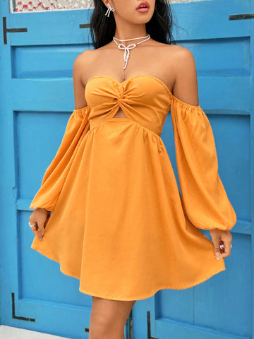 Women's Off Shoulder Lantern Sleeve Twist Detail A-Line Dress