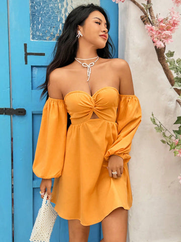 Women's Off Shoulder Lantern Sleeve Twist Detail A-Line Dress