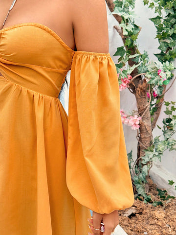 Women's Off Shoulder Lantern Sleeve Twist Detail A-Line Dress