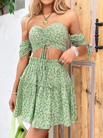 Women's One Shoulder Crop Top And Skirt Set With Floral Print
