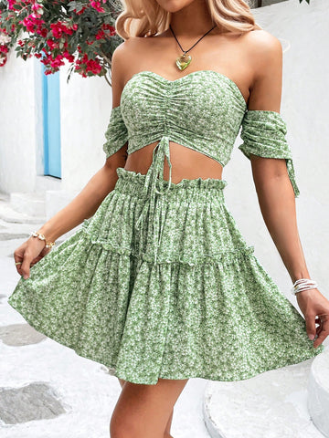 Women's One Shoulder Crop Top And Skirt Set With Floral Print
