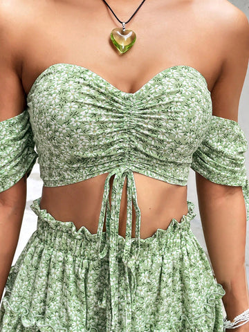 Women's One Shoulder Crop Top And Skirt Set With Floral Print