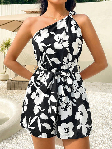 Women's One Shoulder Floral Printed Sleeveless Jumpsuit Shorts