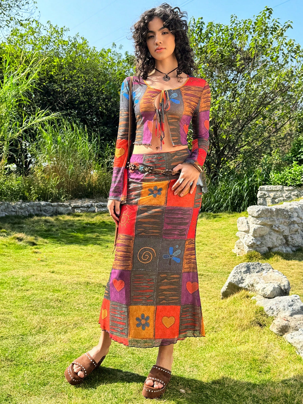 Women's Patchwork Print Tie Front Long Sleeve Top And Skirt Set