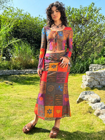 Women's Patchwork Print Tie Front Long Sleeve Top And Skirt Set