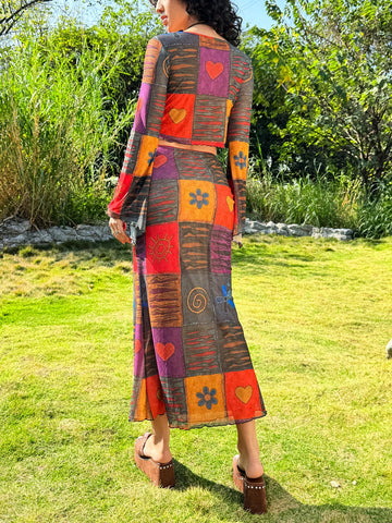 Women's Patchwork Print Tie Front Long Sleeve Top And Skirt Set