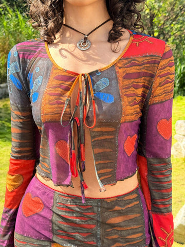Women's Patchwork Print Tie Front Long Sleeve Top And Skirt Set