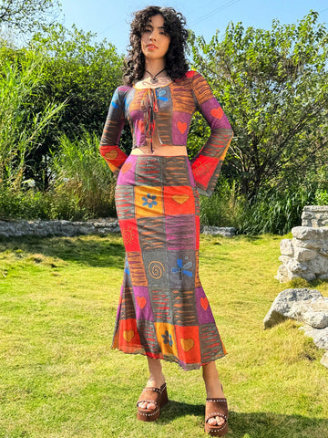 Women's Patchwork Print Tie Front Long Sleeve Top And Skirt Set