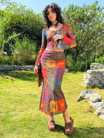Women's Patchwork Print Tie Front Long Sleeve Top And Skirt Set