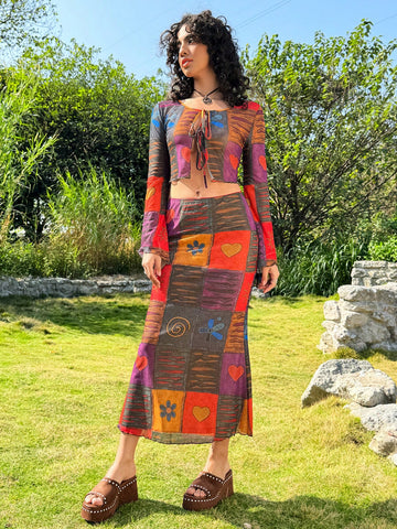 Women's Patchwork Print Tie Front Long Sleeve Top And Skirt Set