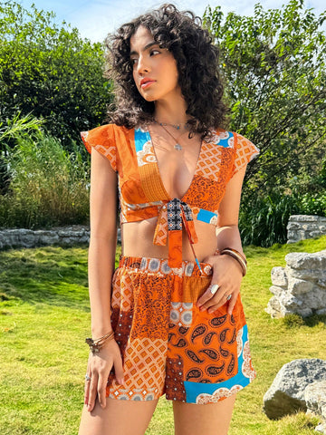 Women's Patchwork Printed Batwing Sleeve Top And Shorts Set