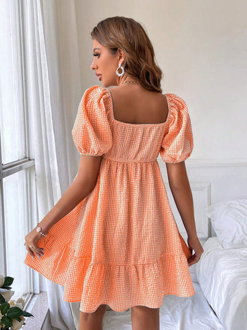Women's Plaid Diamond Collar Bubble Sleeve Dress
