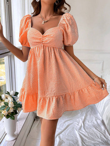Women's Plaid Diamond Collar Bubble Sleeve Dress