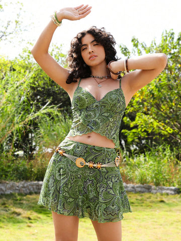 Women's Plant Print Camisole Top And Skirt Set