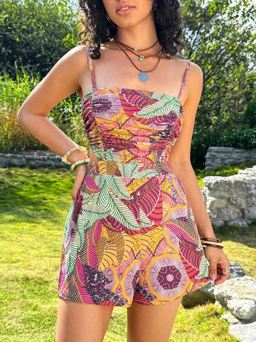 Women's Plant Print Ruffled Strap Romper Shorts