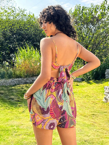 Women's Plant Print Ruffled Strap Romper Shorts