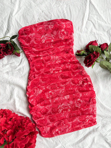 Women's Pleated Strapless Floral Print Maxi Dress