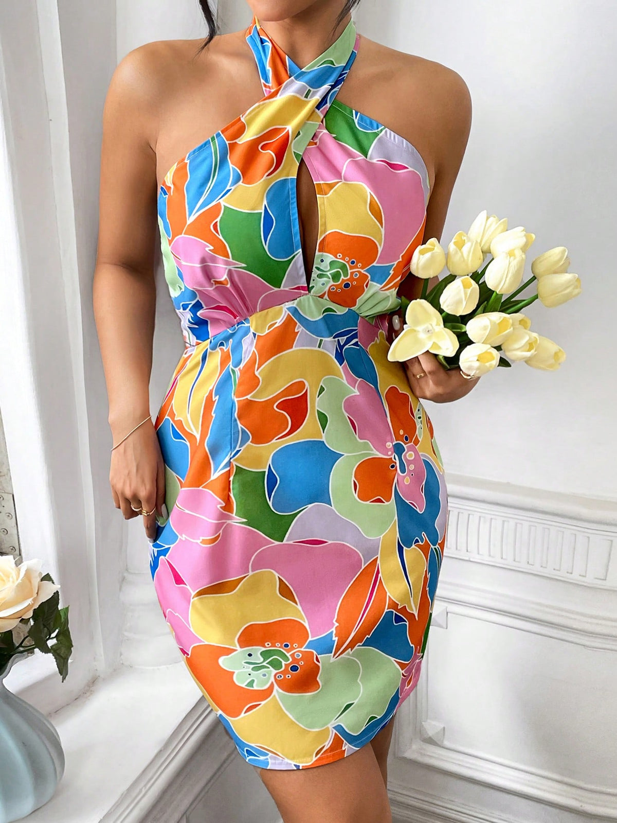 Women's Plunge Neck Full Print Cross Halter Tie Waist Dress
