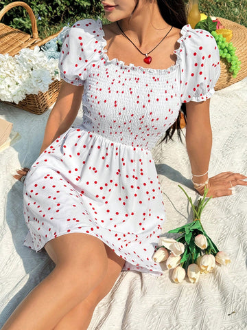 Women's Polka Dot Print Puff Sleeve Dress With Ruffle Hem