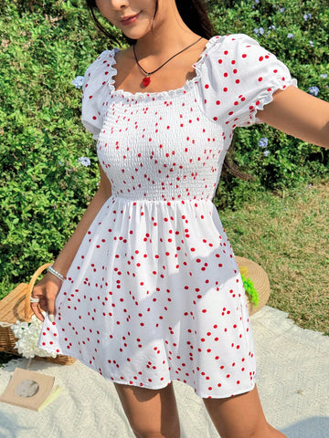 Women's Polka Dot Print Puff Sleeve Dress With Ruffle Hem