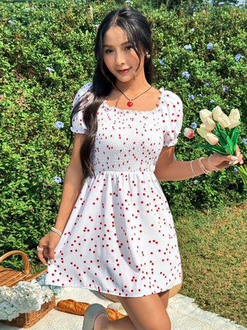 Women's Polka Dot Print Puff Sleeve Dress With Ruffle Hem