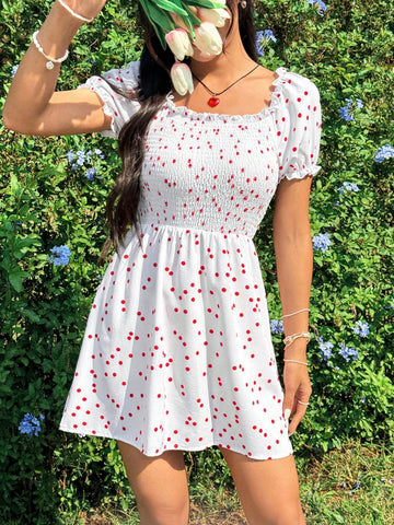 Women's Polka Dot Print Puff Sleeve Dress With Ruffle Hem