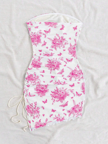 Women's Printed Slim-Fit Vacation Style Strapless Dress, Summer