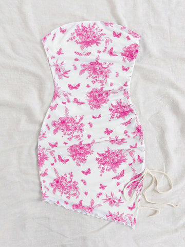 Women's Printed Slim-Fit Vacation Style Strapless Dress, Summer