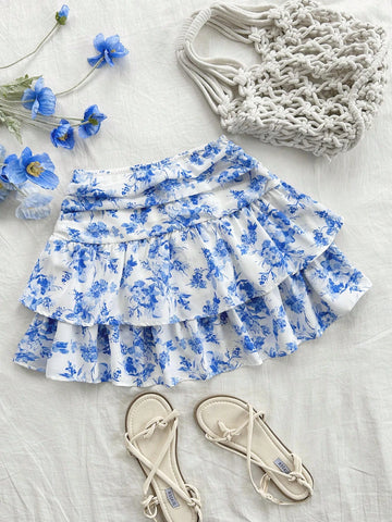 WYWH Women's Retro Floral Printed Ruffled Hem Mini Skirt, Casual Summer Vacation Outfit