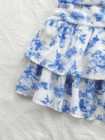 WYWH Women's Retro Floral Printed Ruffled Hem Mini Skirt, Casual Summer Vacation Outfit