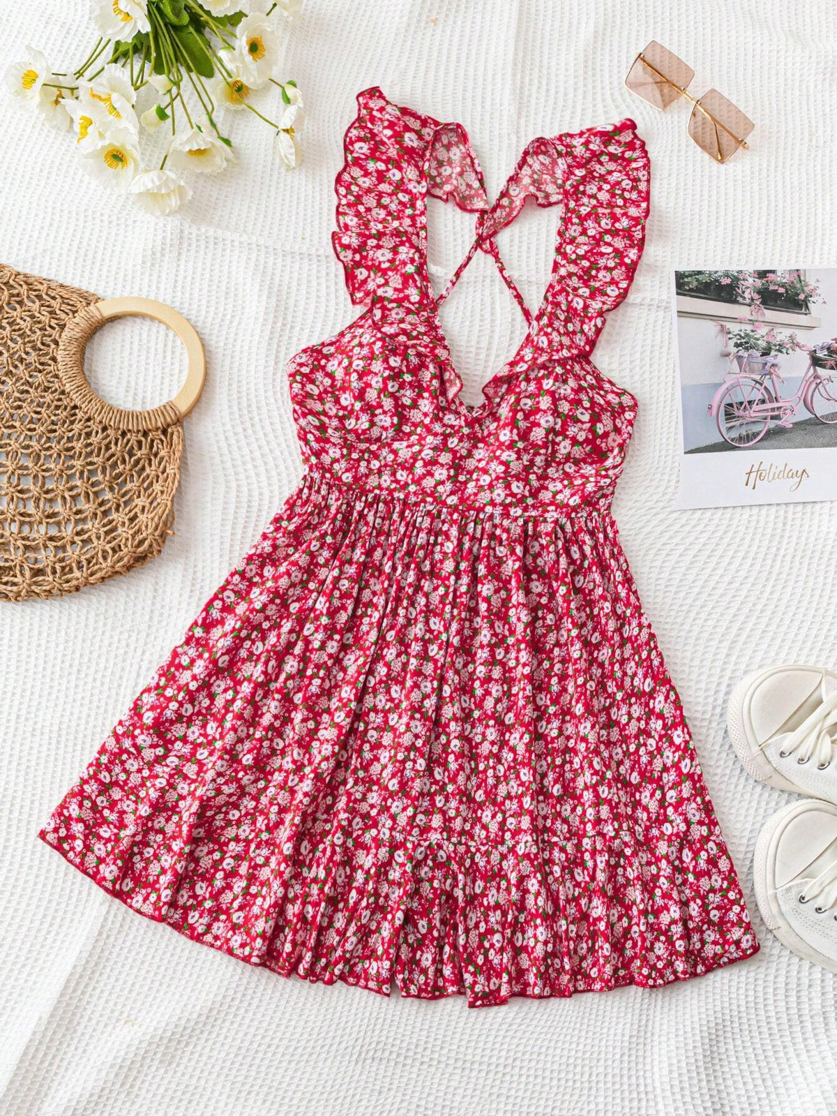 Women's Romantic And Casual Ditsy Floral V-Neck Crisscross Tie Waist Jumpsuit With Ruffled Hem, Red