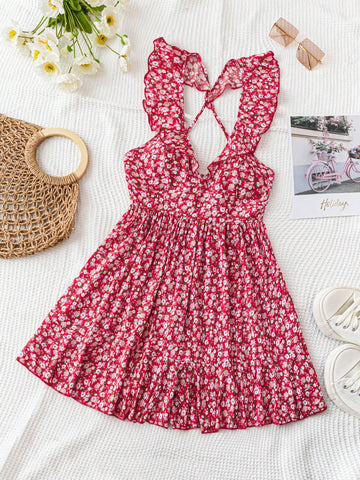 Women's Romantic And Casual Ditsy Floral V-Neck Crisscross Tie Waist Jumpsuit With Ruffled Hem, Red