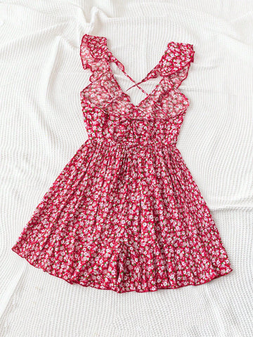 Women's Romantic And Casual Ditsy Floral V-Neck Crisscross Tie Waist Jumpsuit With Ruffled Hem, Red